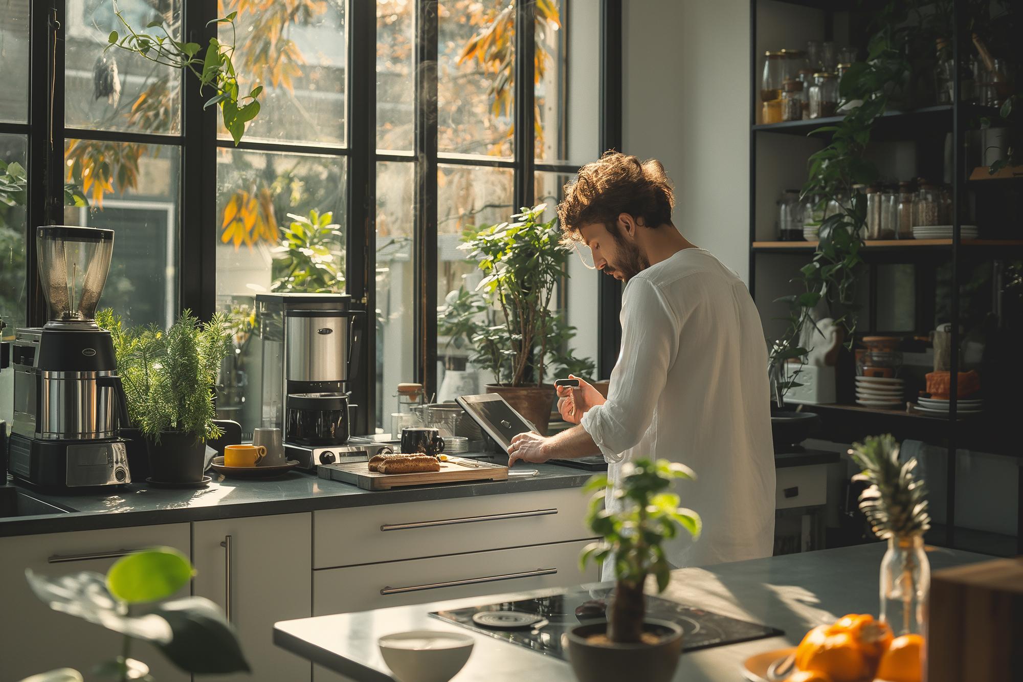 Cozy modern kitchen workspace with laptop